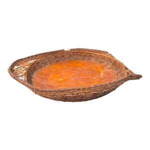 Antique Oval Wicker & Wood Serving Tray  Intricate Weave & Handle Design READ